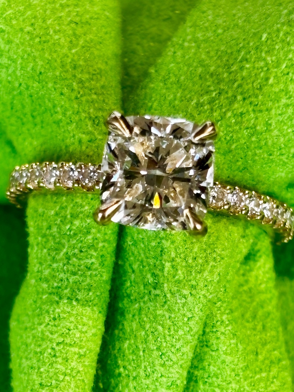 2.19ct D VS1 Excellent square cushion diamond, 14k gold pave band, sz 7.5